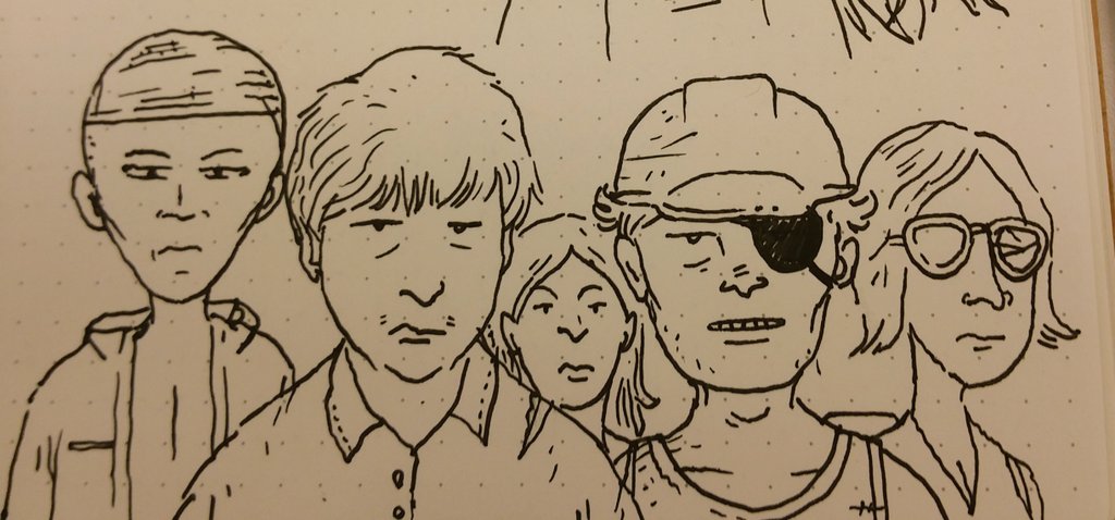 Five character sketches in a dotted notebook